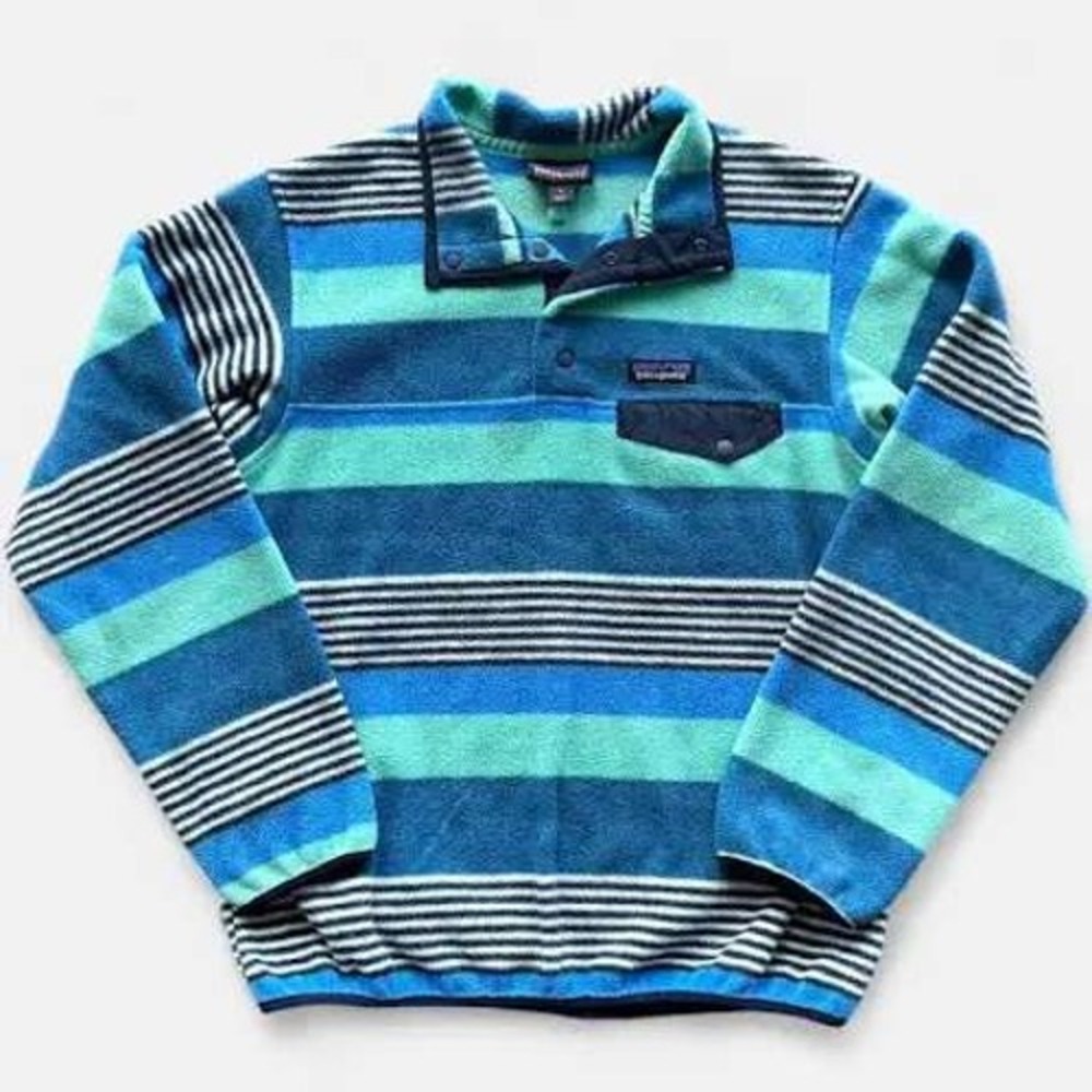 Patagonia Womens Fleece Pullover XL Blue Striped Synchilla Snap-T 25455 SP17